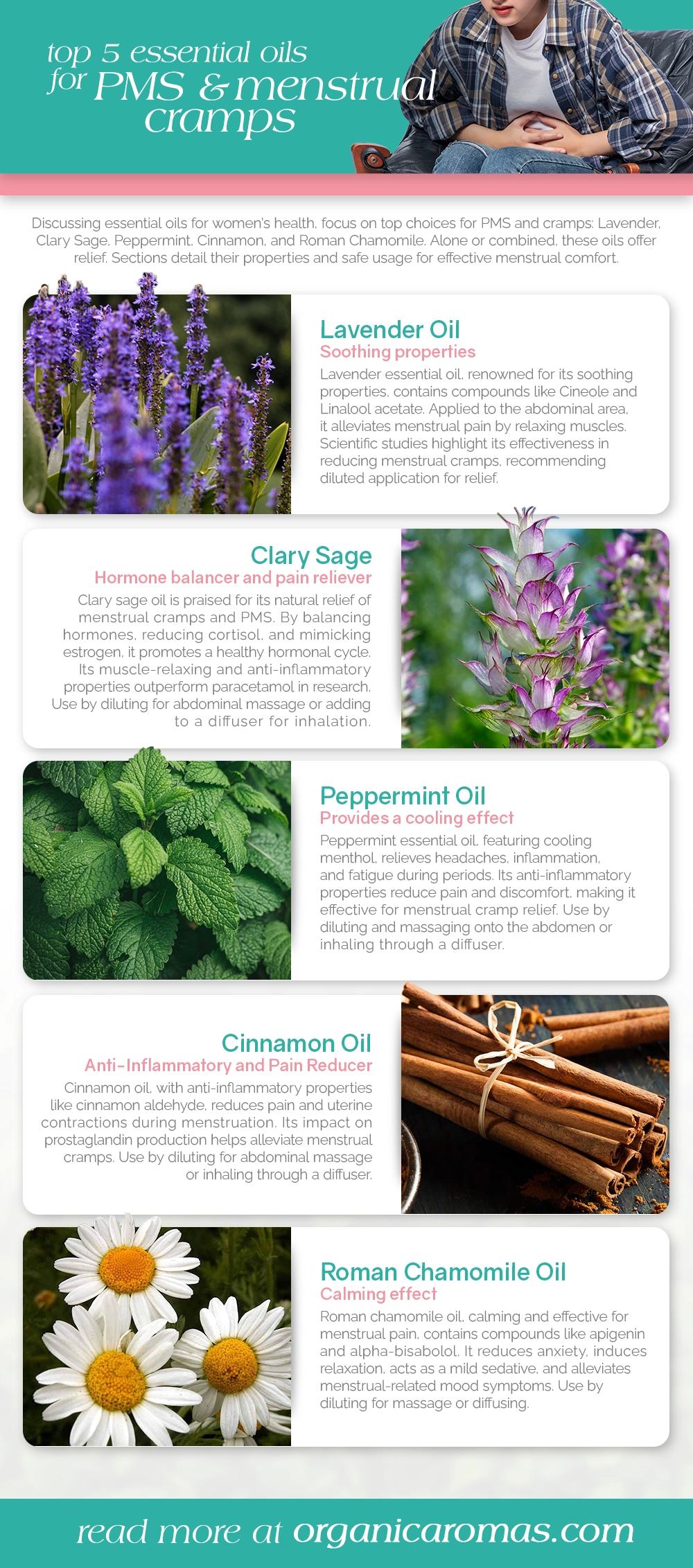 5 Essential Oils for PMS and Menstrual Cramps Infographic by Organic Aromas