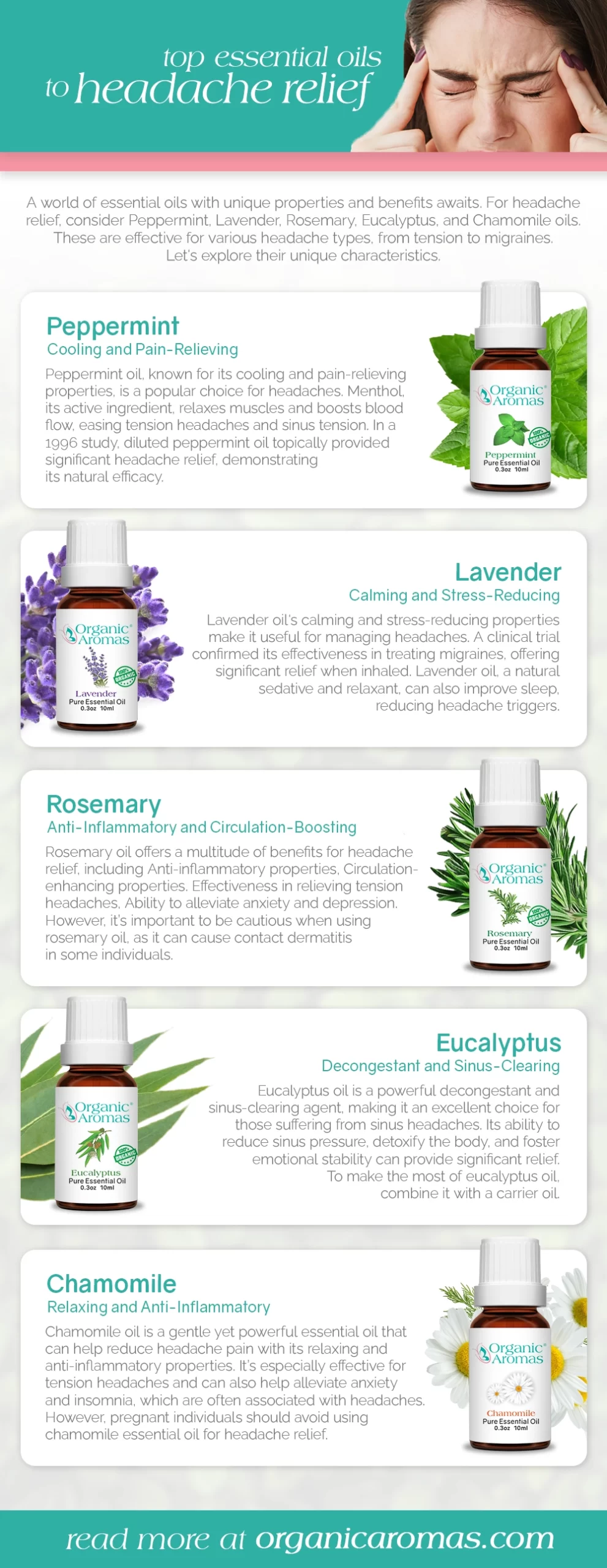 Top Essential Oils for Headache Relief Infographic by Organic Aromas