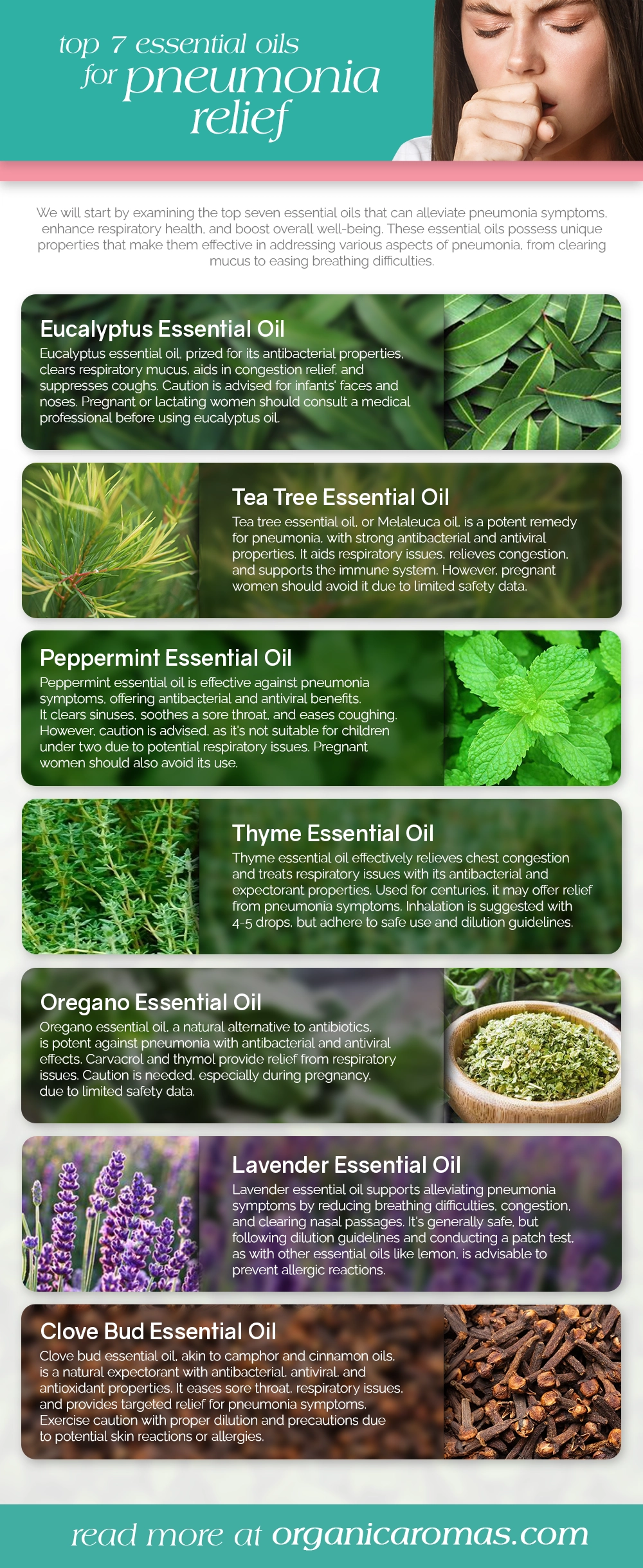 Top 7 Essential Oils for Pneumonia Relief Infographic By Organic Aromas