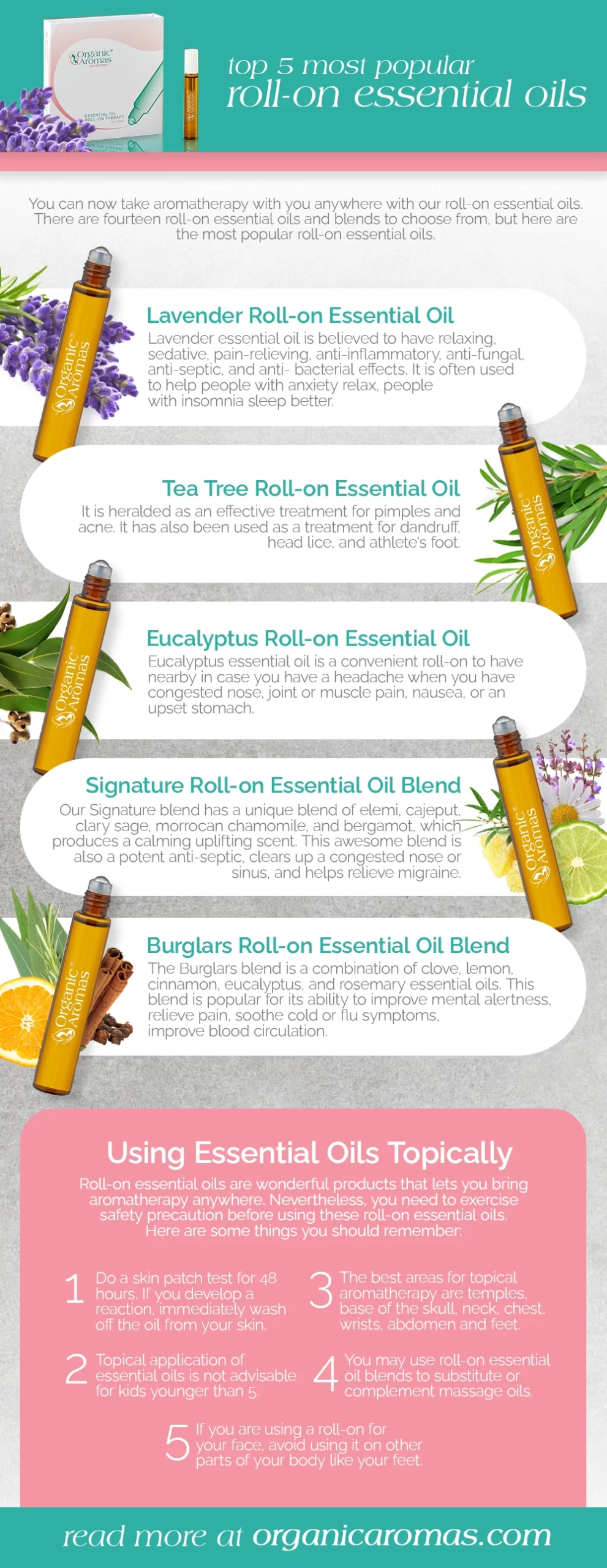 Top 5 Most Popular Roll-on Essential Oils Infographic by Organic Aromas