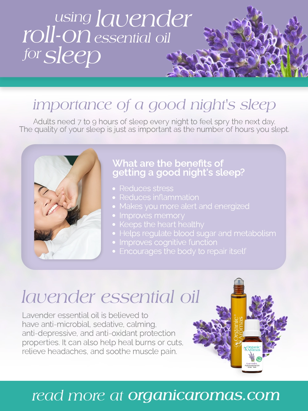 Using Lavender Roll-on Essential Oil for Sleep Infographic by Organic Aromas