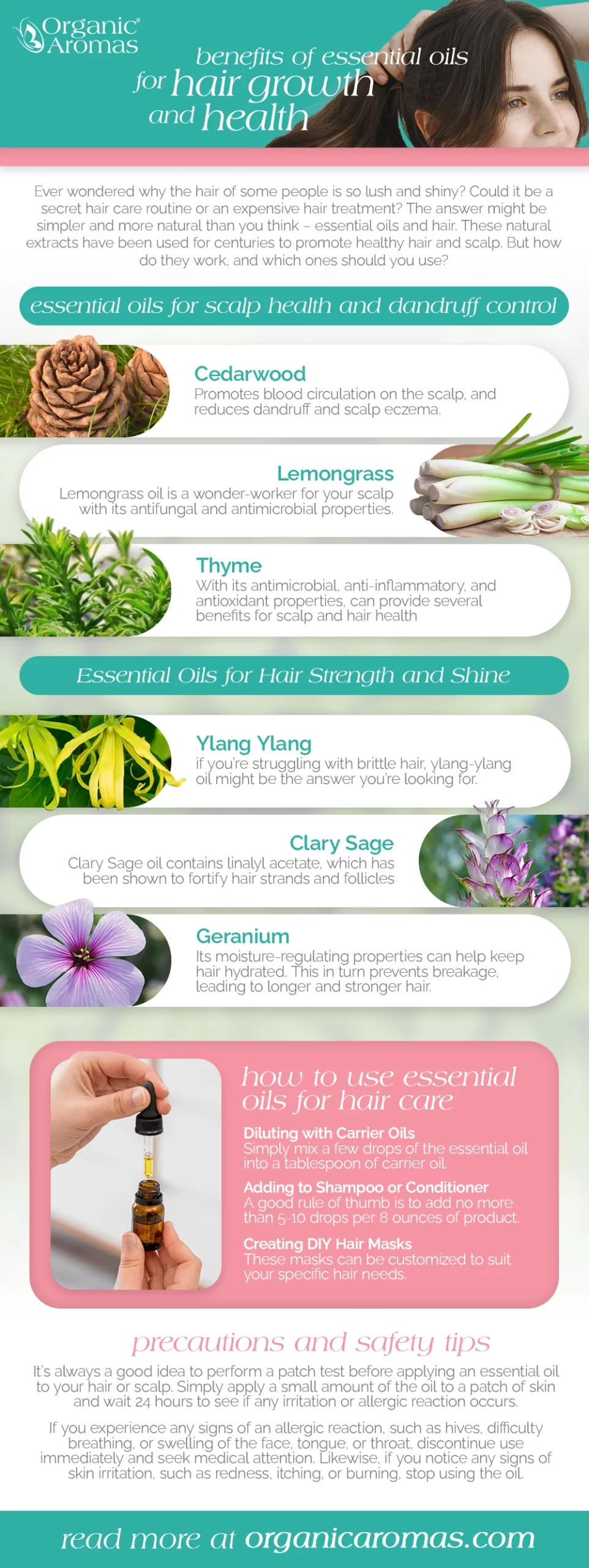 Benefits of Essential Oils and Hair Growth and Health Infographic by Organic Aromas