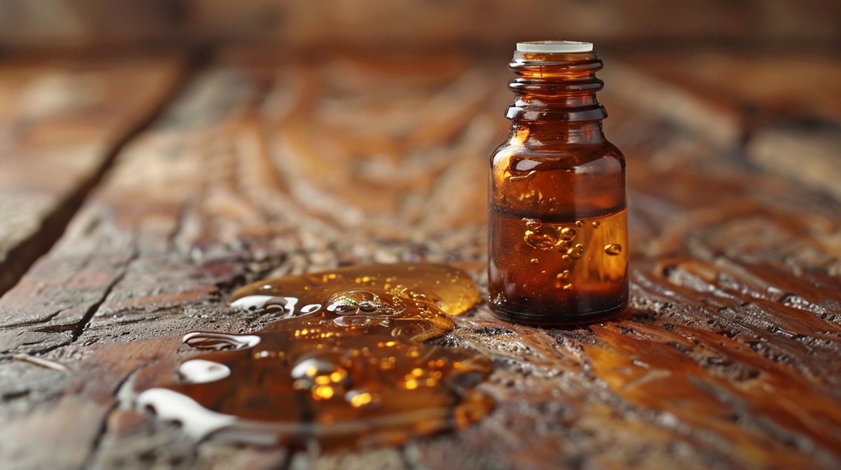 a bottle of essential oil spilled