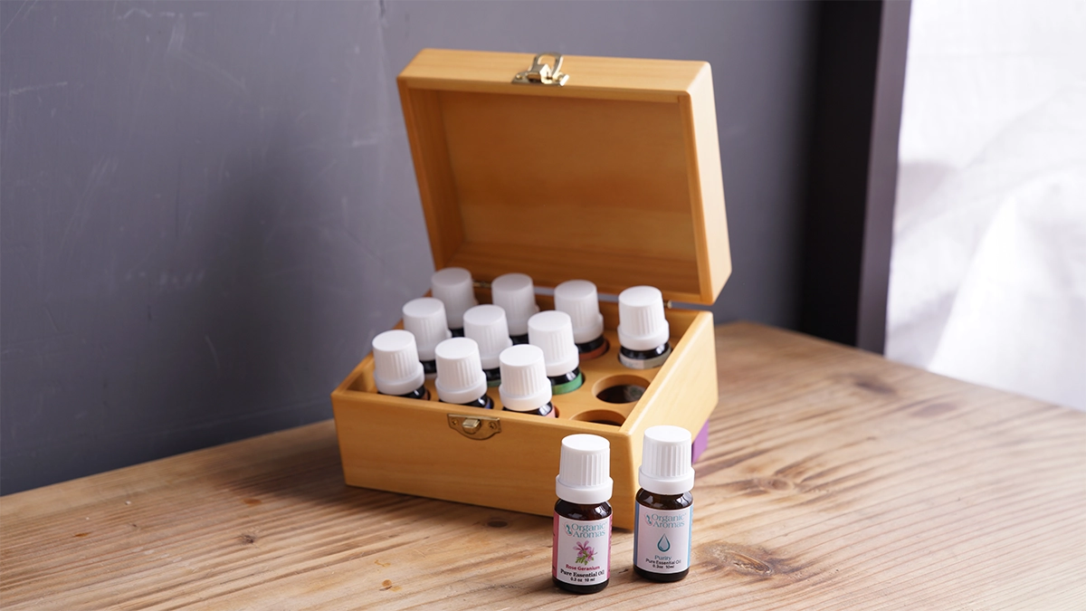 essential oil bottles being stored in a cool, dry place
