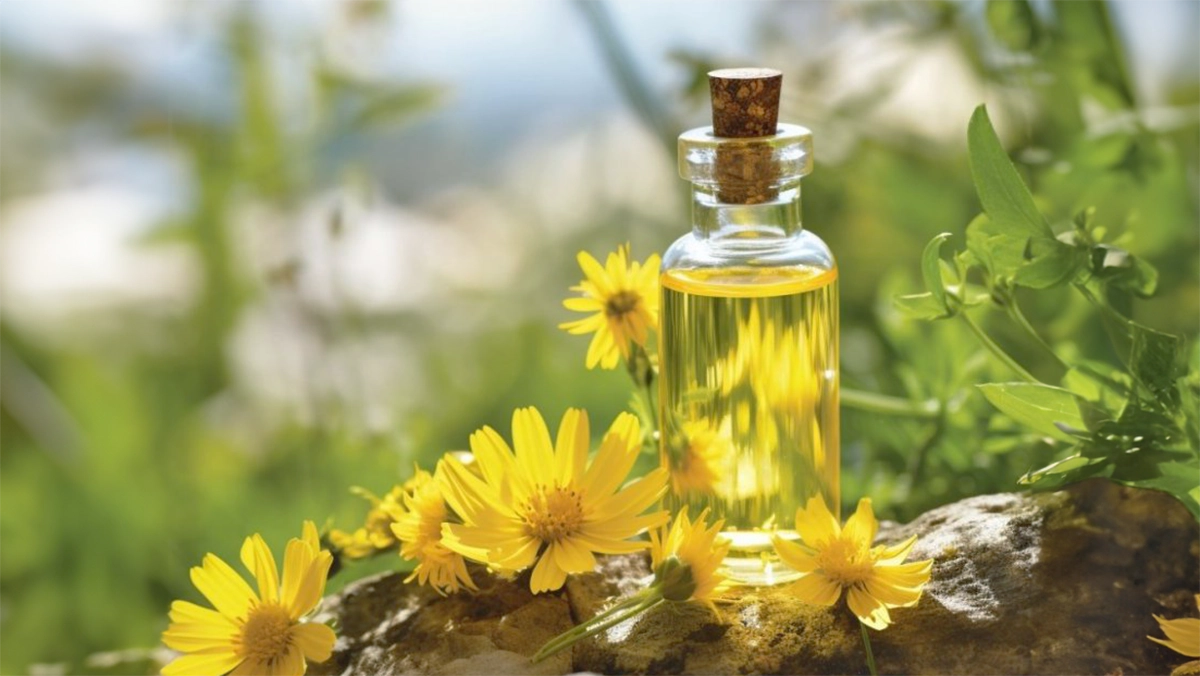 arnica flowers and a bottle of arnica essential oil Targeting Pain and Discoloration Bruises