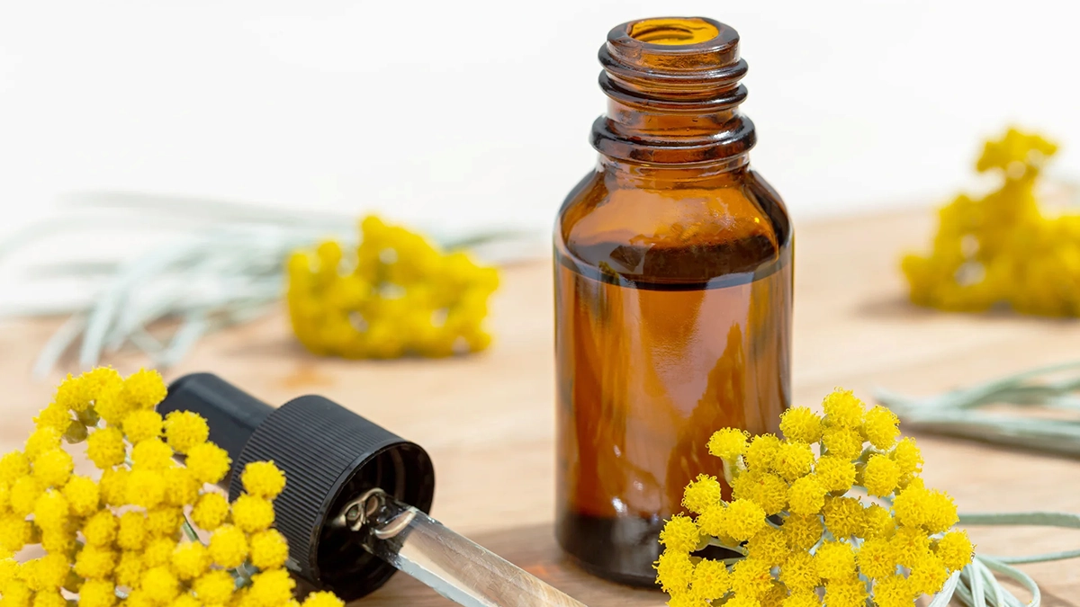 helichrysum flowers and a bottle of helichrysum essential oil Faster Healing Bruises