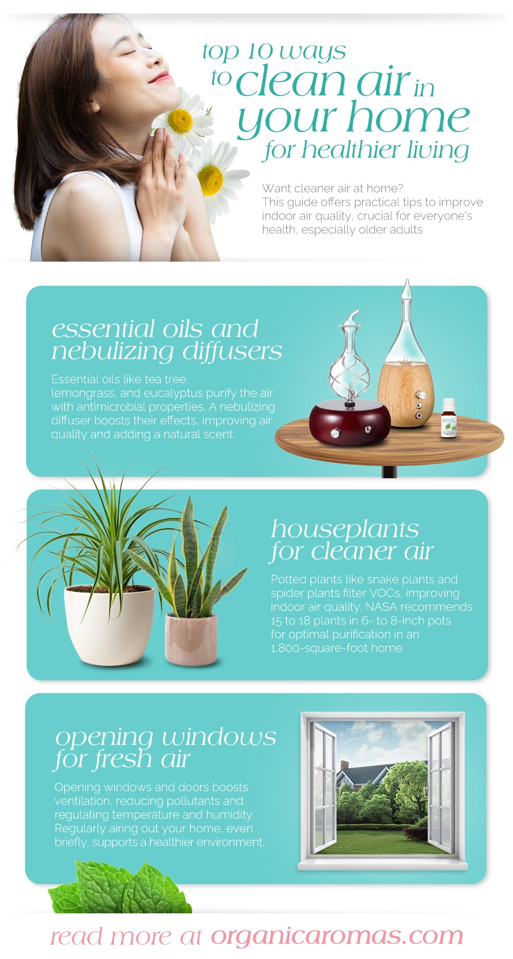 Top 10 Ways to Clean Air in Your Home for Healthier Living infographic by Organic Aromas